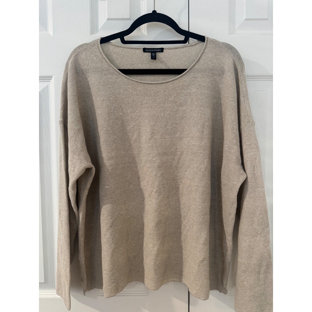 Eileen Fisher Organic Linen Cotton Blend Sweater Beige Boxy Knit Top Large L/G